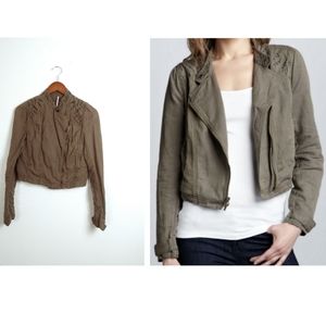 Free People Draped Eyelet Bomber Jacket Size 2 Army Green Cropped Bohemia